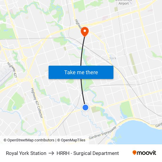 Royal York Station to HRRH - Surgical Department map