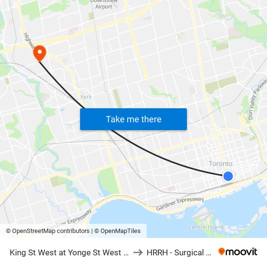 King St West at Yonge St West Side - King Station to HRRH - Surgical Department map