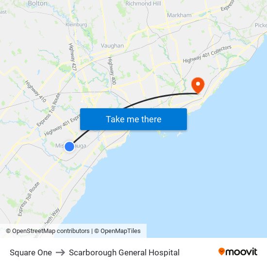 Square One to Scarborough General Hospital map