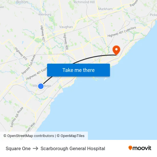 Square One to Scarborough General Hospital map