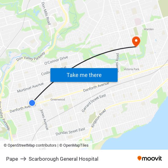 Pape to Scarborough General Hospital map