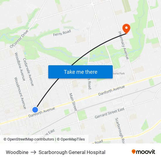 Woodbine to Scarborough General Hospital map