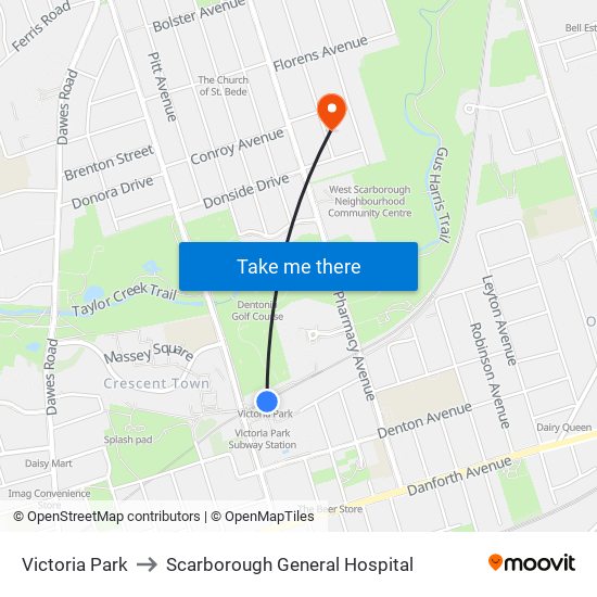 Victoria Park to Scarborough General Hospital map