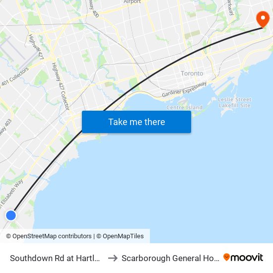 Southdown Rd at Hartland Dr to Scarborough General Hospital map
