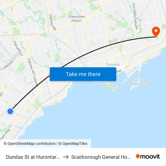 Dundas St at Hurontario St to Scarborough General Hospital map