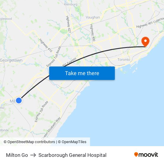 Milton Go to Scarborough General Hospital map