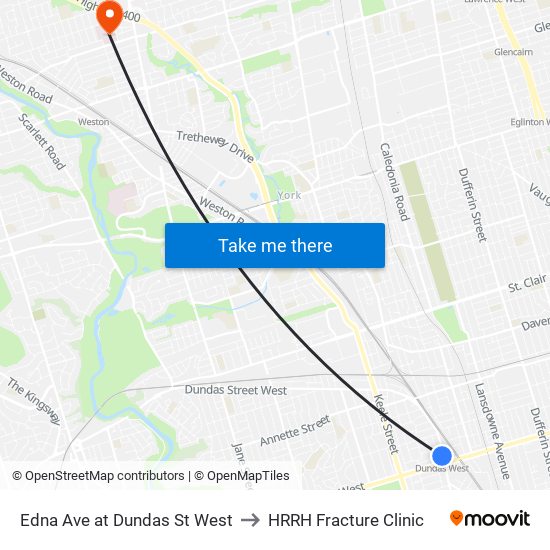 Edna Ave at Dundas St West to HRRH Fracture Clinic map