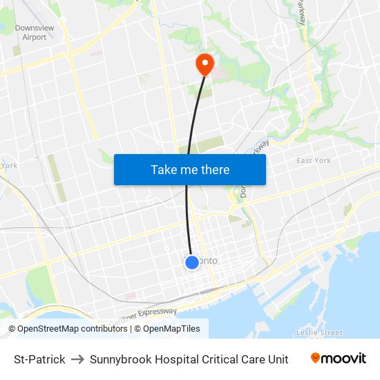 St-Patrick to Sunnybrook Hospital Critical Care Unit map