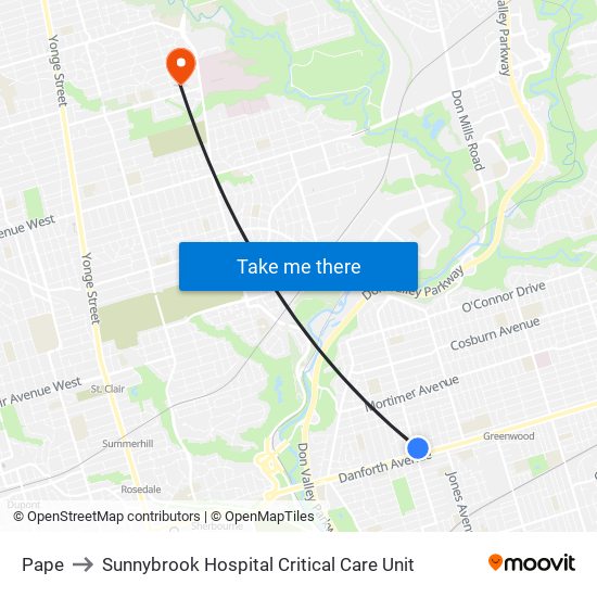 Pape to Sunnybrook Hospital Critical Care Unit map