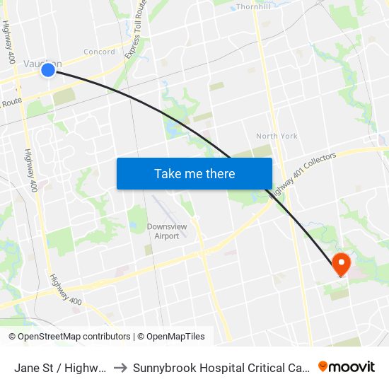 Jane St / Highway 7 to Sunnybrook Hospital Critical Care Unit map