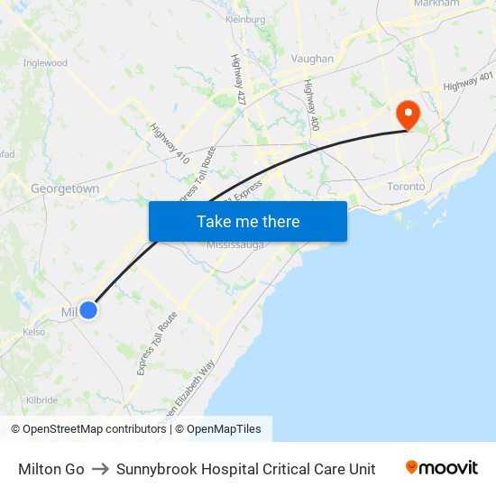 Milton Go to Sunnybrook Hospital Critical Care Unit map