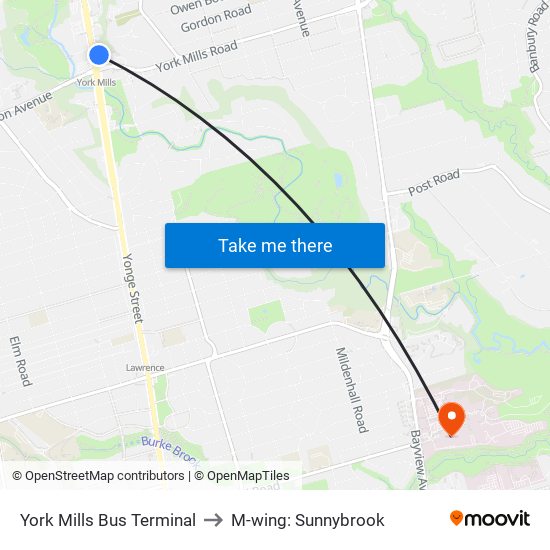 York Mills Bus Terminal to M-wing: Sunnybrook map