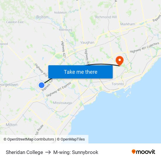 Sheridan College to M-wing: Sunnybrook map