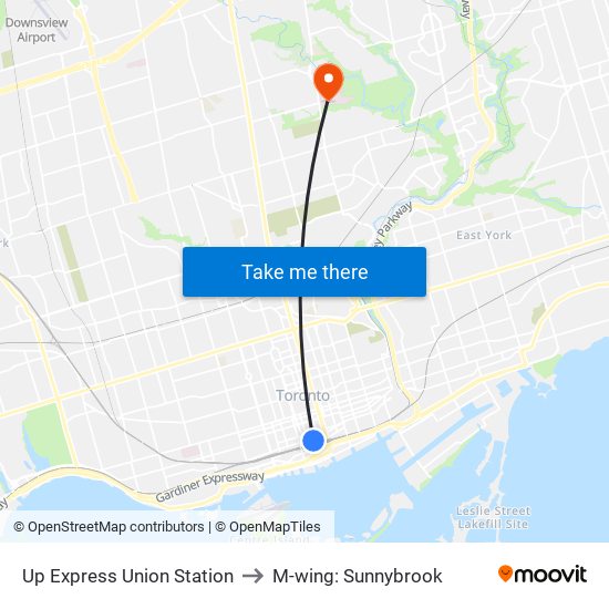 Up Express Union Station to M-wing: Sunnybrook map