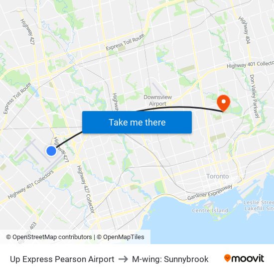 Up Express Pearson Airport to M-wing: Sunnybrook map