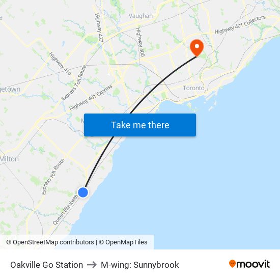 Oakville Go Station to M-wing: Sunnybrook map