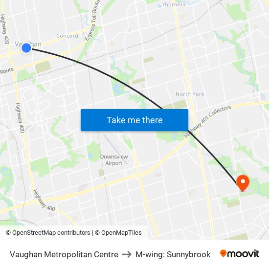 Vaughan Metropolitan Centre to M-wing: Sunnybrook map