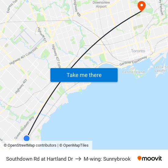 Southdown Rd at Hartland Dr to M-wing: Sunnybrook map