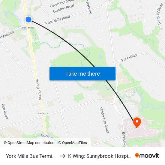 York Mills Bus Terminal to K Wing: Sunnybrook Hospital map