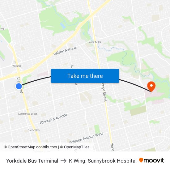 Yorkdale Bus Terminal to K Wing: Sunnybrook Hospital map