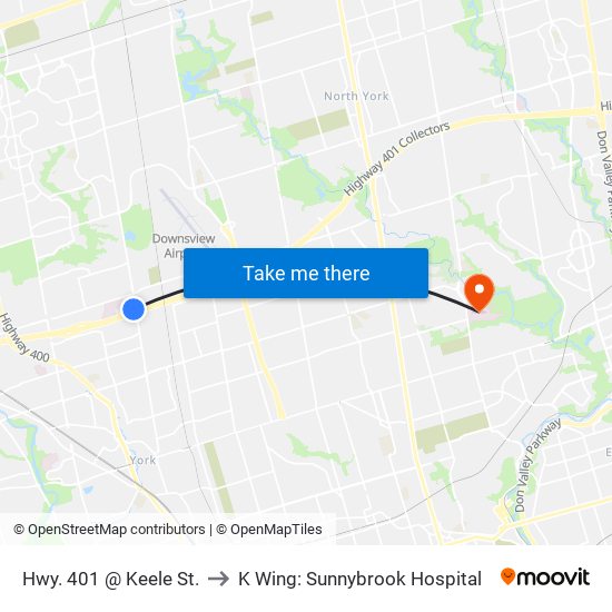 Hwy. 401 @ Keele St. to K Wing: Sunnybrook Hospital map