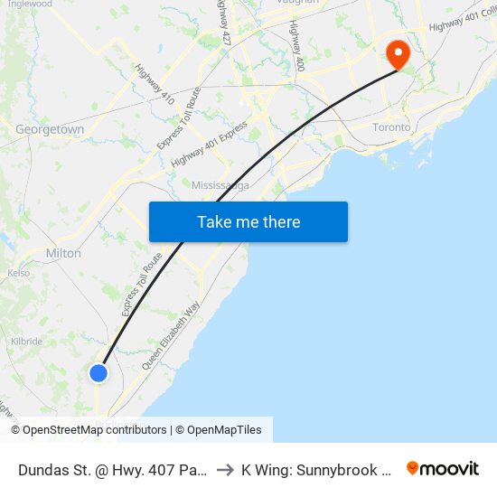 Dundas St. @ Hwy. 407 Park & Ride to K Wing: Sunnybrook Hospital map