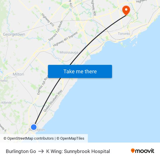Burlington Go to K Wing: Sunnybrook Hospital map