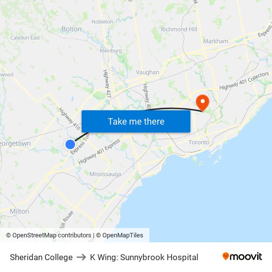Sheridan College to K Wing: Sunnybrook Hospital map