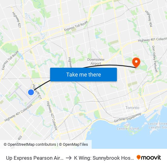 Up Express Pearson Airport to K Wing: Sunnybrook Hospital map