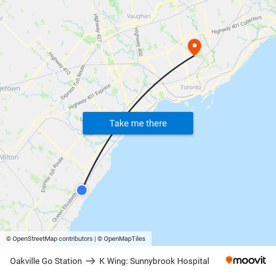 Oakville Go Station to K Wing: Sunnybrook Hospital map