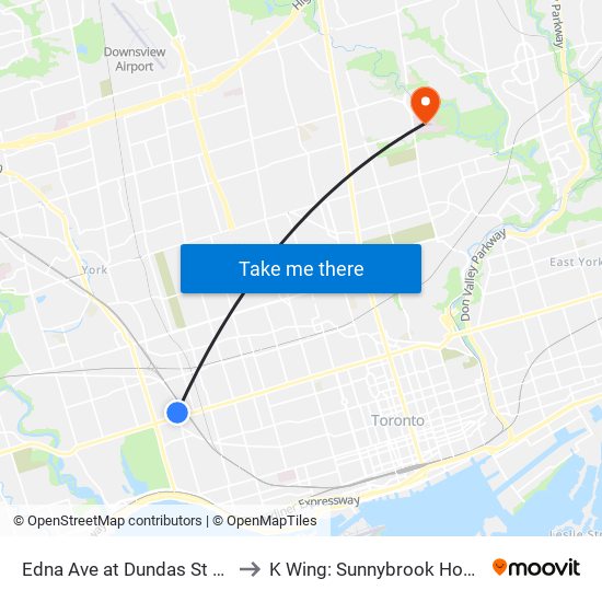 Edna Ave at Dundas St West to K Wing: Sunnybrook Hospital map