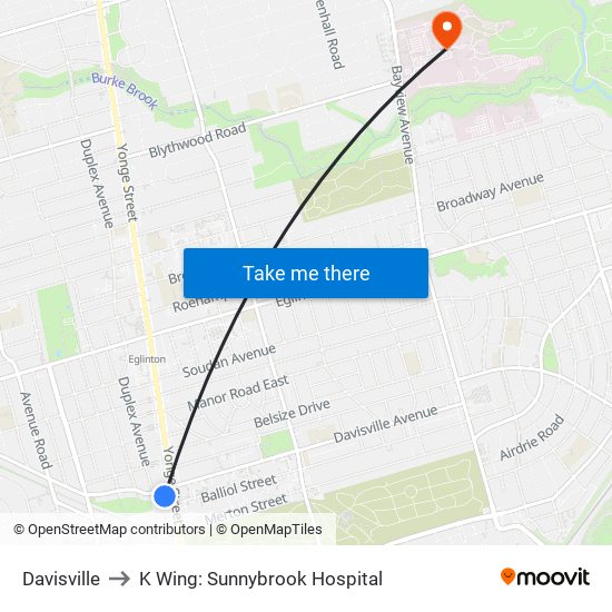 Davisville to K Wing: Sunnybrook Hospital map