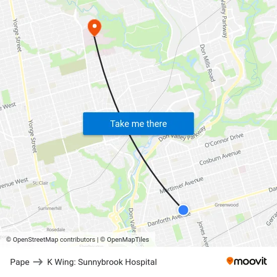Pape to K Wing: Sunnybrook Hospital map