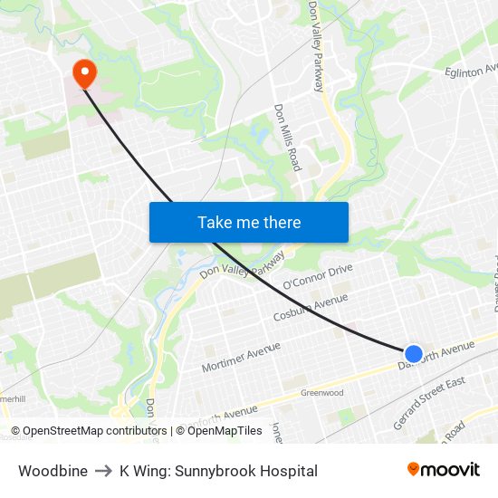 Woodbine to K Wing: Sunnybrook Hospital map