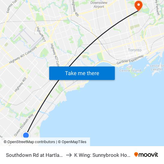 Southdown Rd at Hartland Dr to K Wing: Sunnybrook Hospital map