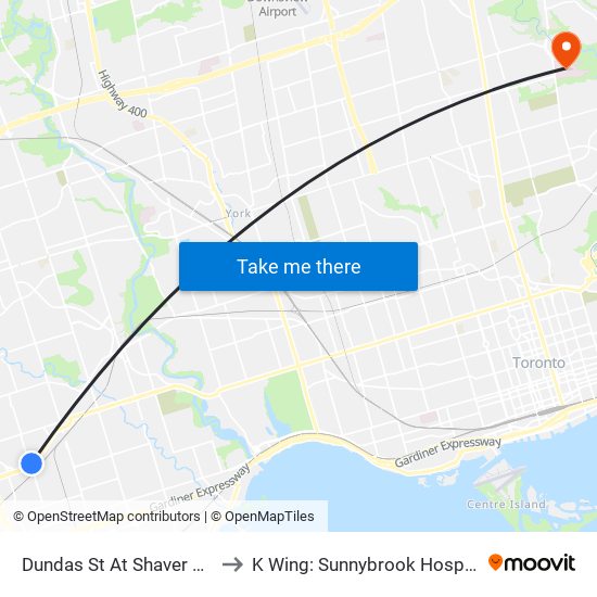 Dundas St At Shaver Ave to K Wing: Sunnybrook Hospital map