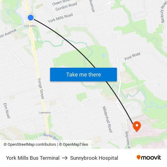 York Mills Bus Terminal to Sunnybrook Hospital map