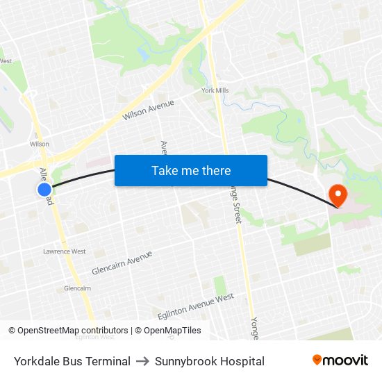 Yorkdale Bus Terminal to Sunnybrook Hospital map