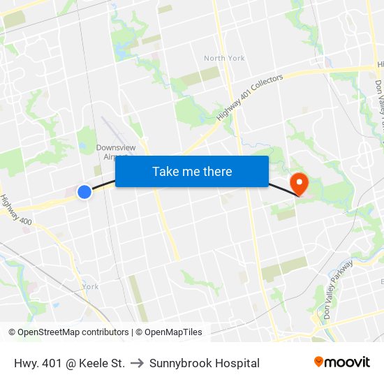 Hwy. 401 @ Keele St. to Sunnybrook Hospital map