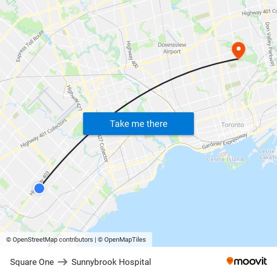 Square One to Sunnybrook Hospital map