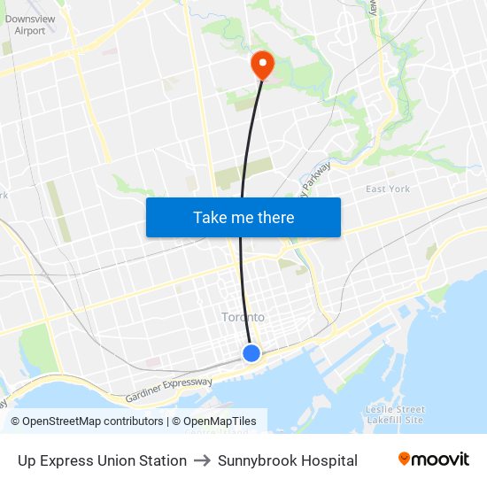 Up Express Union Station to Sunnybrook Hospital map