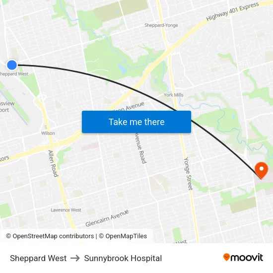 Sheppard West to Sunnybrook Hospital map