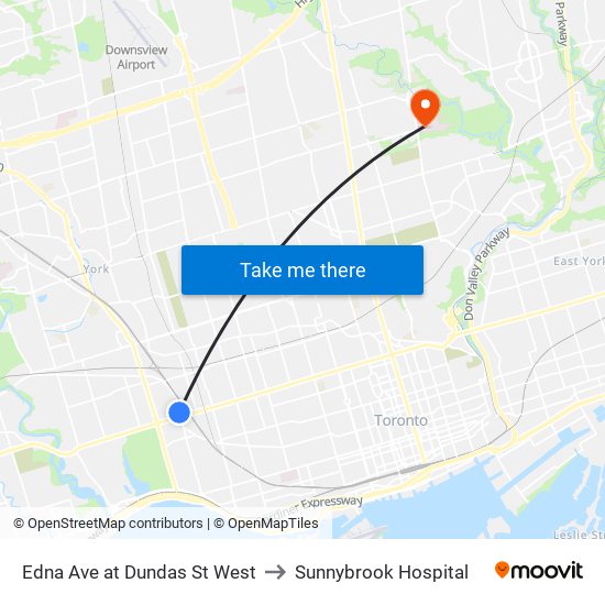 Edna Ave at Dundas St West to Sunnybrook Hospital map