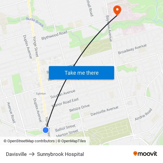 Davisville to Sunnybrook Hospital map