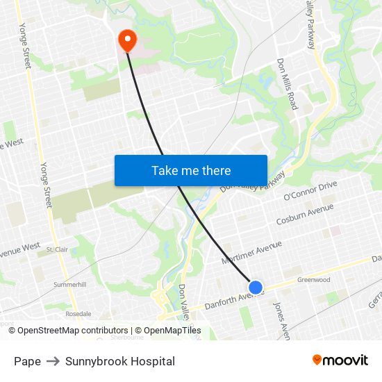 Pape to Sunnybrook Hospital map