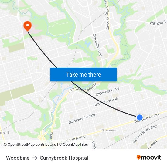 Woodbine to Sunnybrook Hospital map