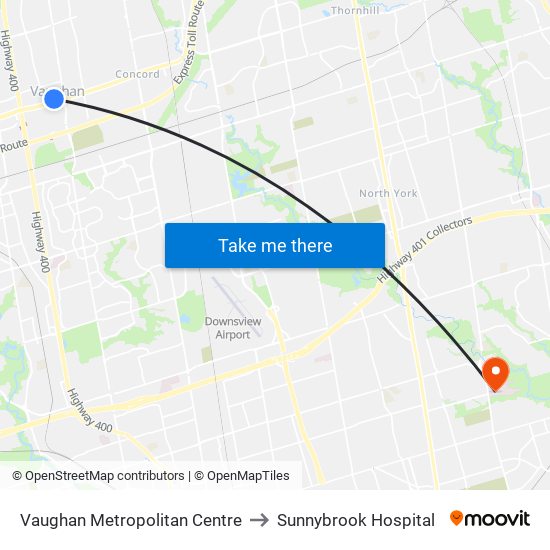 Vaughan Metropolitan Centre to Sunnybrook Hospital map