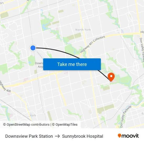 Downsview Park Station to Sunnybrook Hospital map