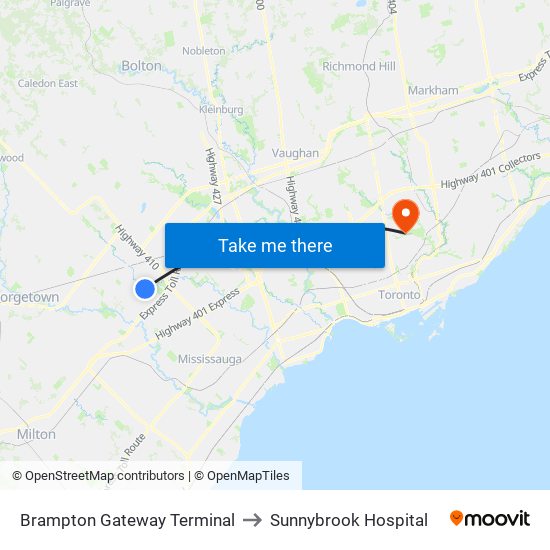 Brampton Gateway Terminal to Sunnybrook Hospital map