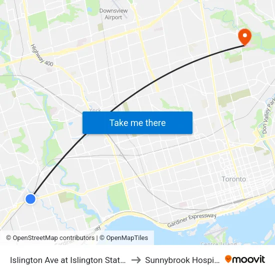 Islington Ave at Islington Station to Sunnybrook Hospital map